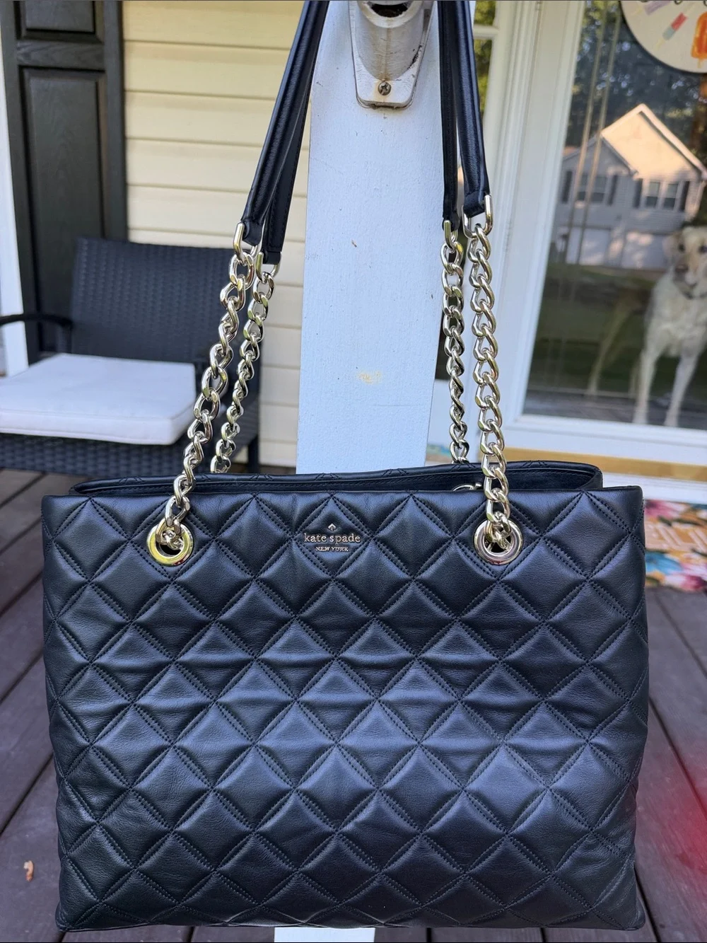kate spade Black Quilted Leather Tote with Gold Chain Straps
